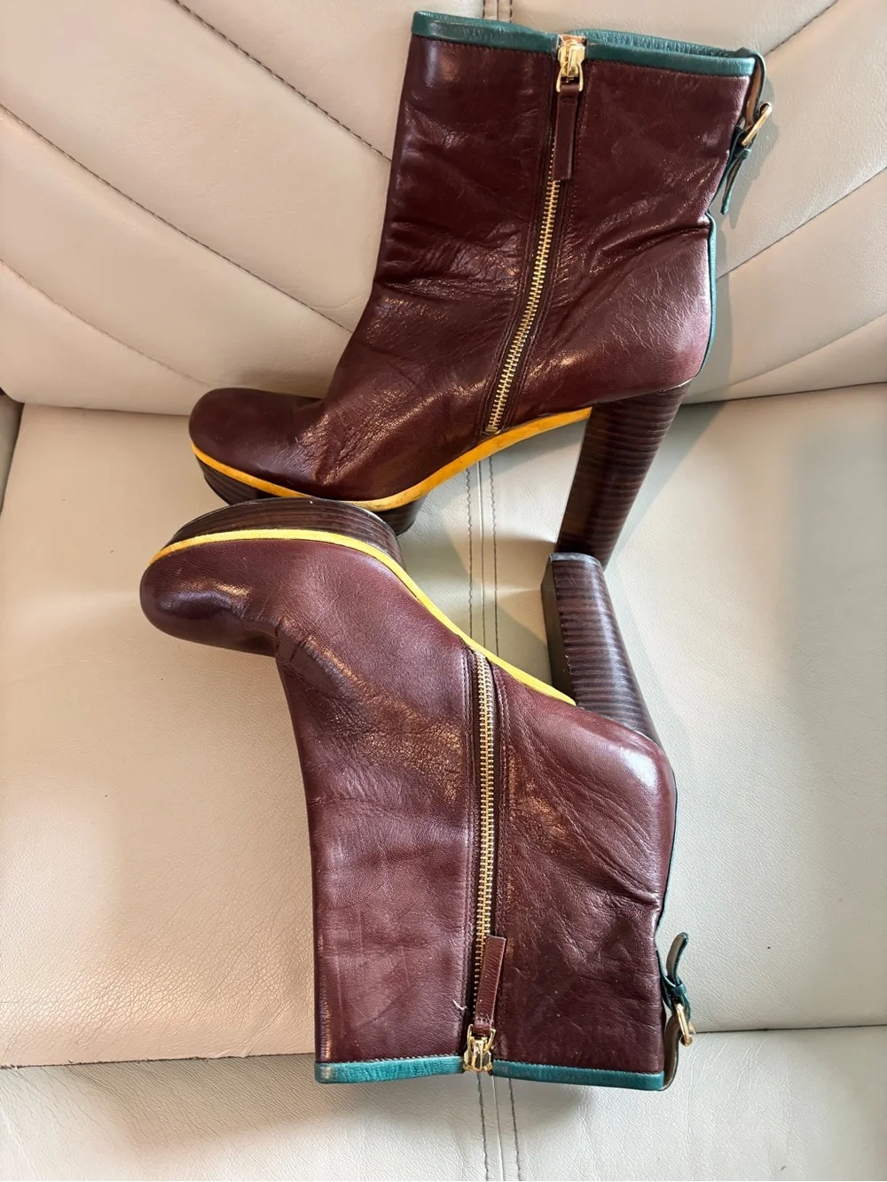 Nine West Size 11 “Nwanka” Women’s Burgundy Leather Ankle Boots,Teal Trim Buckle